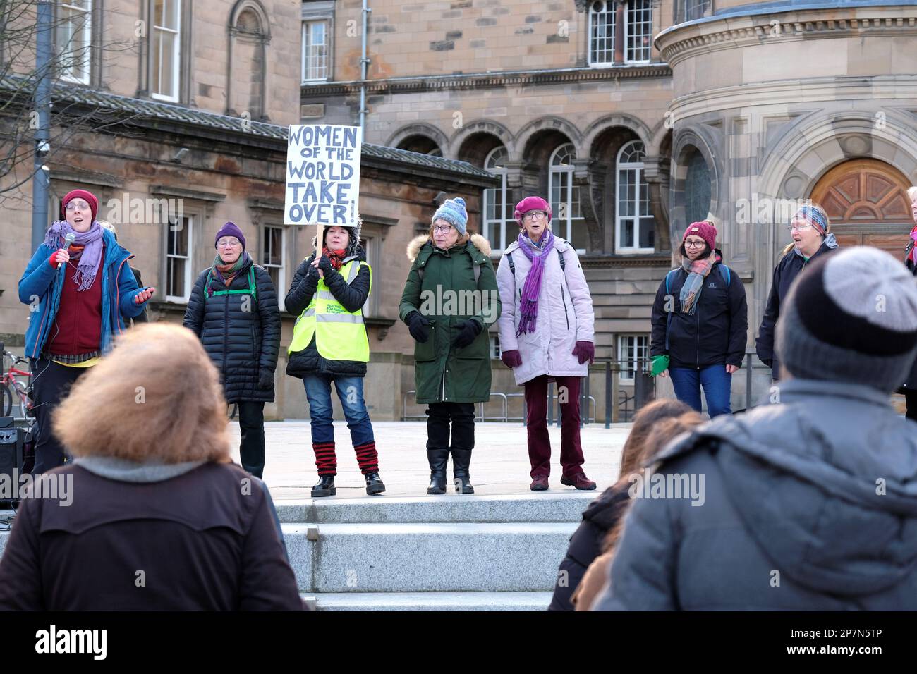 Edinburgh, Scotland, UK. 8th March 2023. Protest and activities for International Women's Day at Bristo Square, this year's theme is international and strike solidarity, with a focus on Iranian women's struggles. The rally in Bristo Square. Credit: Craig Brown/Alamy Live News Stock Photo