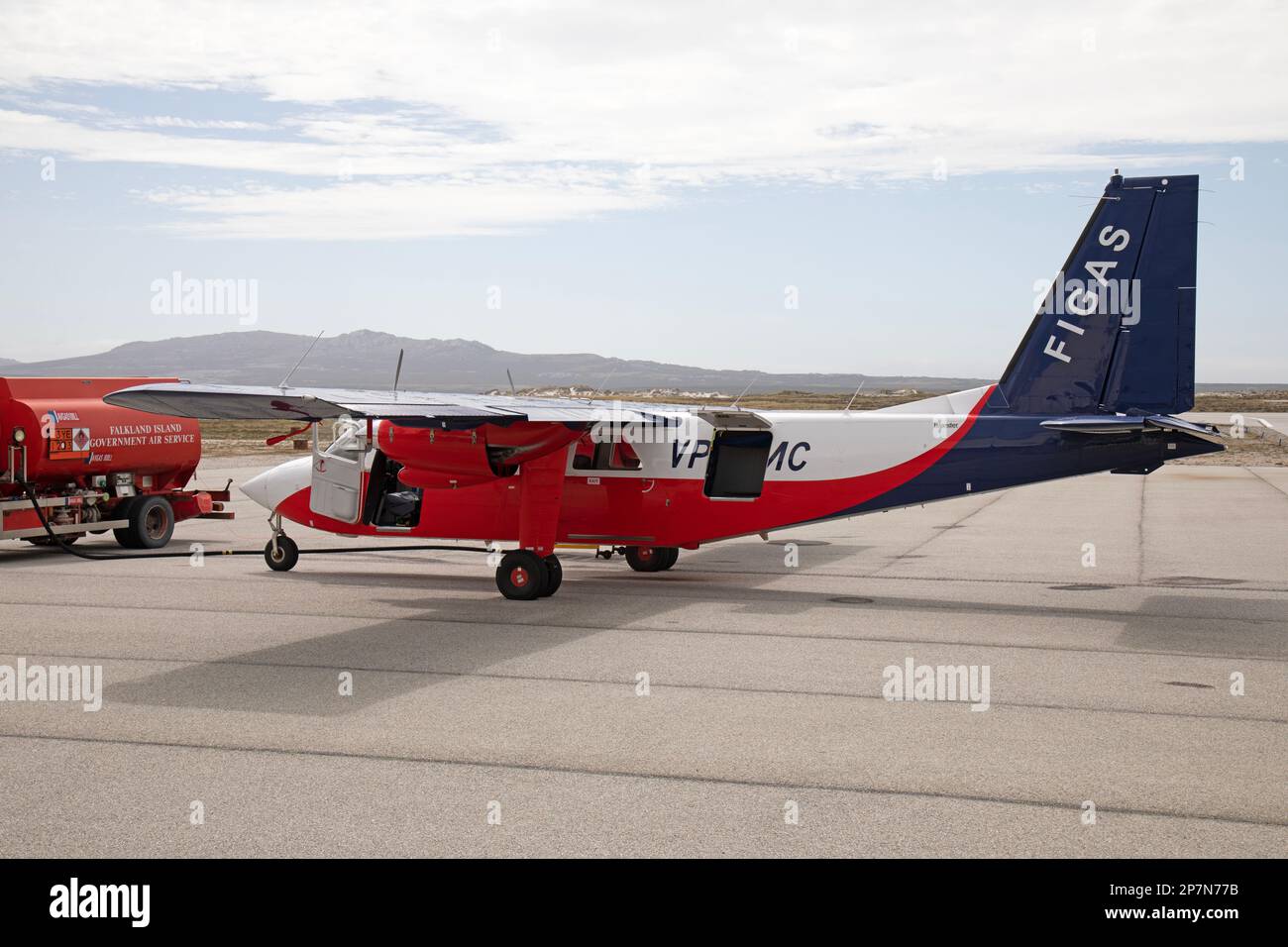 A Britten Norman B2B Islander, VP-FMC,  belonging to The Falkland Islands Government Air Service, FIGAS, at Stanley Airport, Falkland Islands. Stock Photo