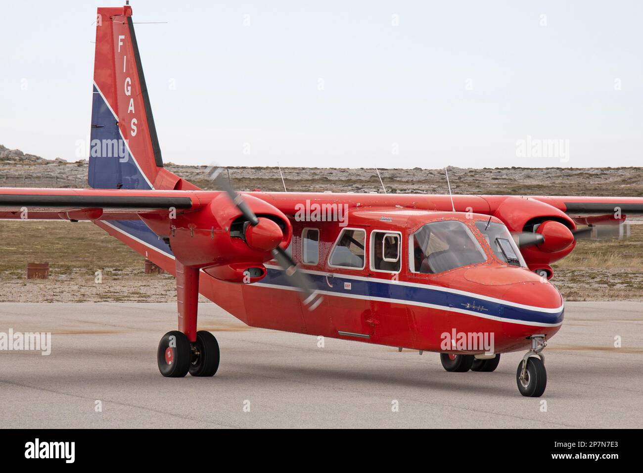 A Britten Norman B2B Islander, VP-FBN, belonging to The Falkland Islands Government Air Service, FIGAS, at Stanley Airport, Falkland Islands. Stock Photo