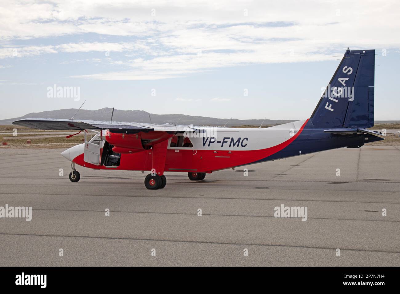 A Britten Norman B2B Islander, VP-FMC,  belonging to The Falkland Islands Government Air Service, FIGAS, at Stanley Airport, Falkland Islands. Stock Photo