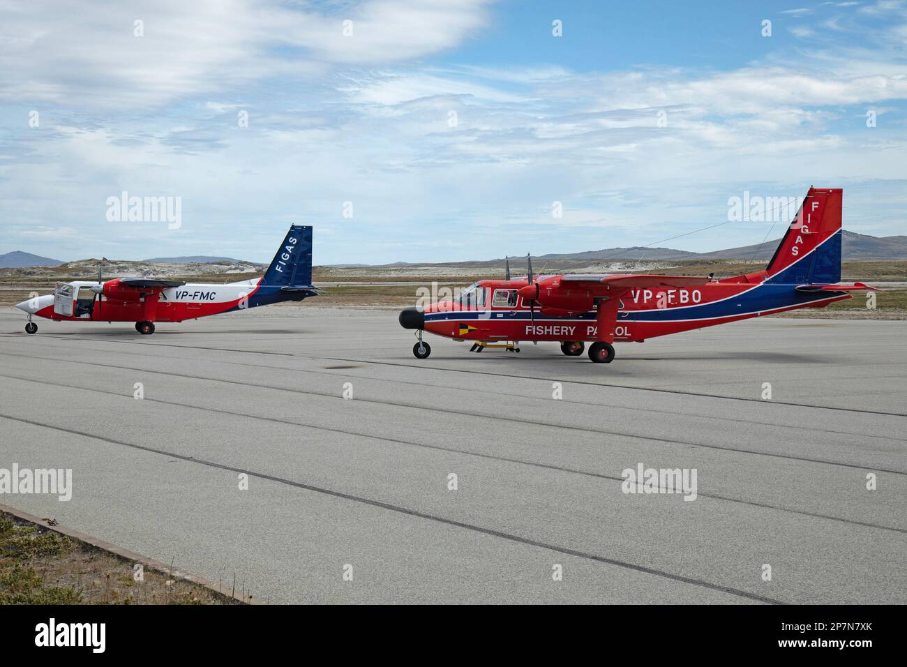 Two Britten Norman B2B Islanders, VP-FMC and VP-FBN of The Falkland Islands Government Air Service, FIGAS, at Stanley Airport, Falkland Islands. Stock Photo