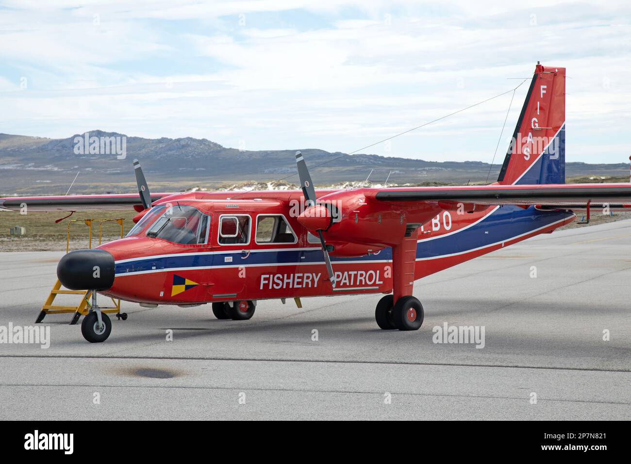 An Islander aircraft VP-FBO, of The Falkland Islands Government Air Service, FIGAS, at Stanley Airport, Falkland Islands. Used for Fishery Patrol. Stock Photo
