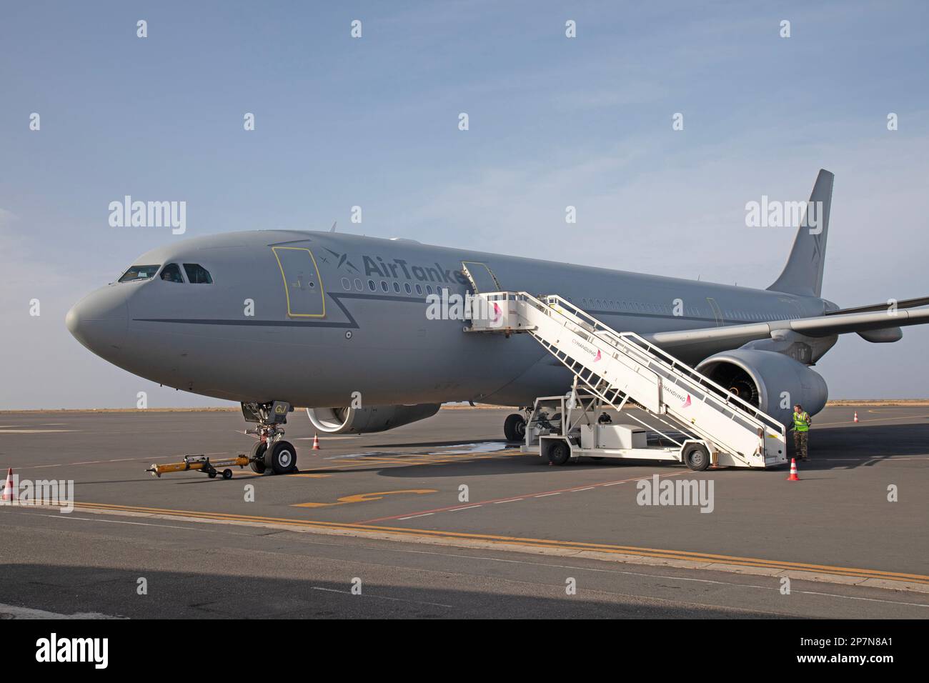 An Airbus A330, G-VYGJ, of Air Tanker, at Cape Verde Airport, en route to The Falkland Islands. Stock Photo