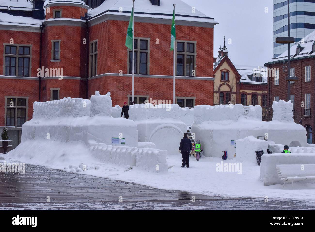 Snow fortress built in the center of Umea, Sweden. Kids playing. Vasterbotten. Stock Photo