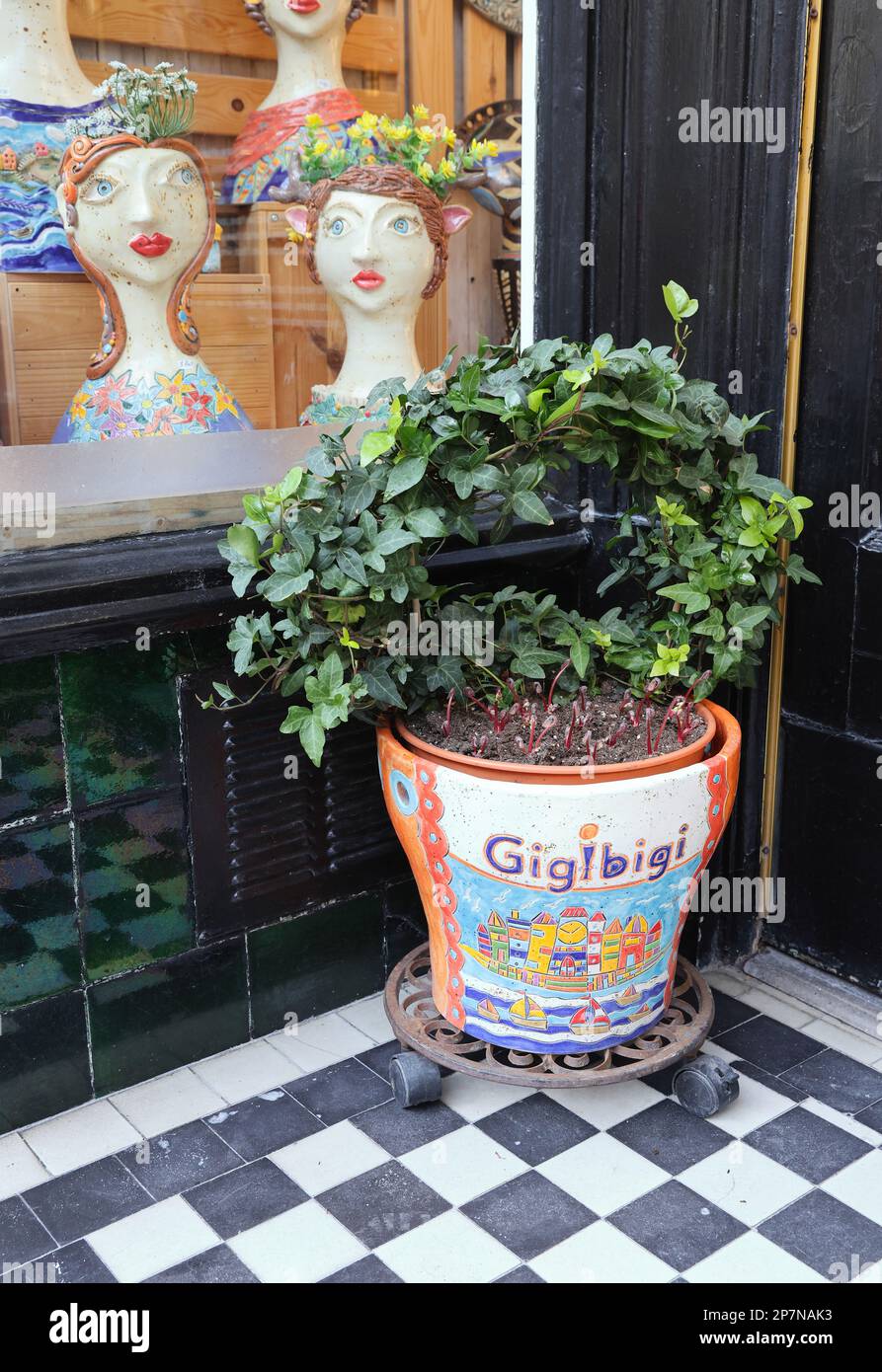 Pottery shop on South Street, one of the Victorian independent shopping streets of Little Chelsea in Eastbourne,  East Sussex. Stock Photo