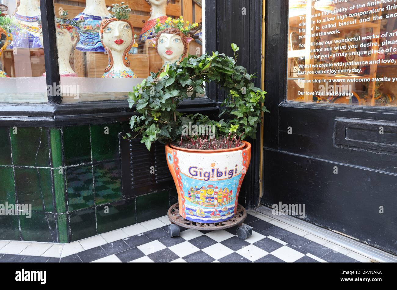 Pottery shop on South Street, one of the Victorian independent shopping streets of Little Chelsea in Eastbourne,  East Sussex. Stock Photo