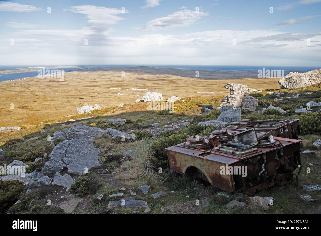 The remains of an Argentine Mobile Field Kitchen from the 1982 Falklands War, on Mount Tumbledown. Stock Photo