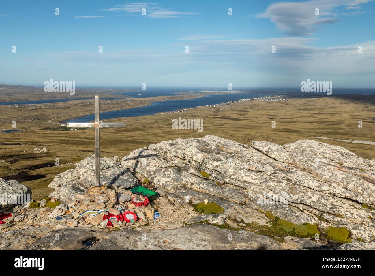 The memorial to British Soldiers killed on Mount Tumbledown in The Falkland Islands war of 1982. Stock Photo