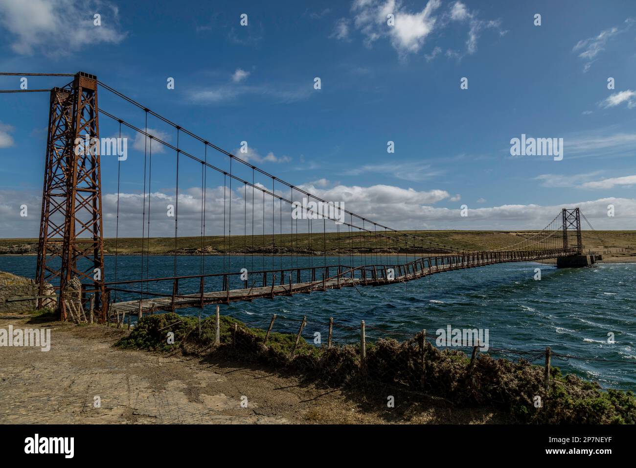 The Bodie Creek Suspension Bridge in the Falkland Islands. Built in 1925. Stock Photo
