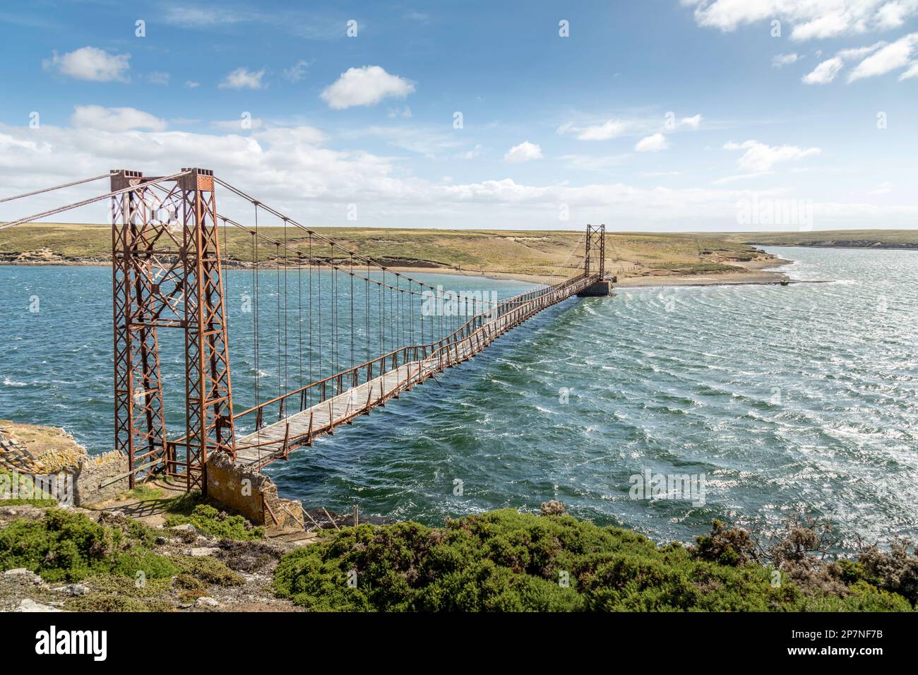 The Bodie Creek Suspension Bridge in the Falkland Islands. Built in 1925. Stock Photo