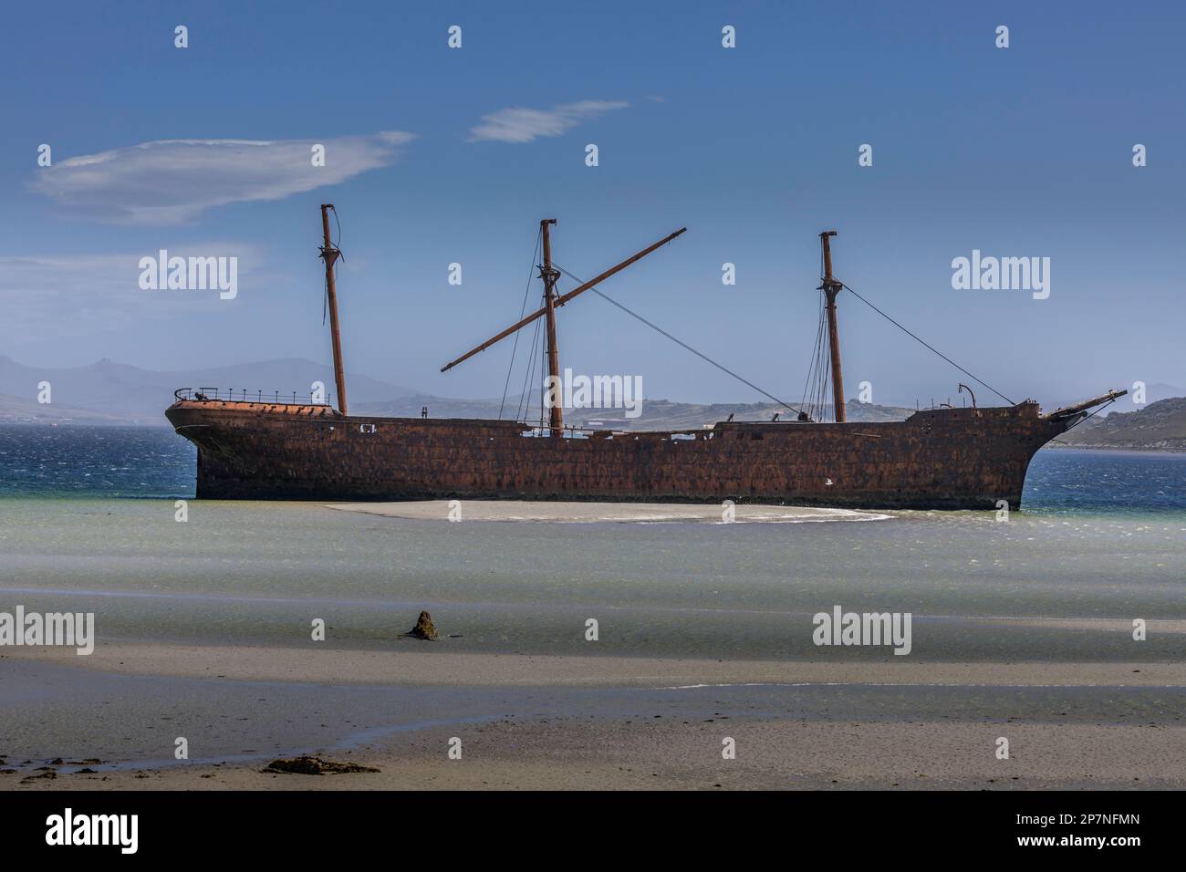 The wreck of the ship Lady Elizabeth at he east end of Stanley harbour in the Falkland Islands. Known locally as The Lady Liz. Built in 1879. Stock Photo