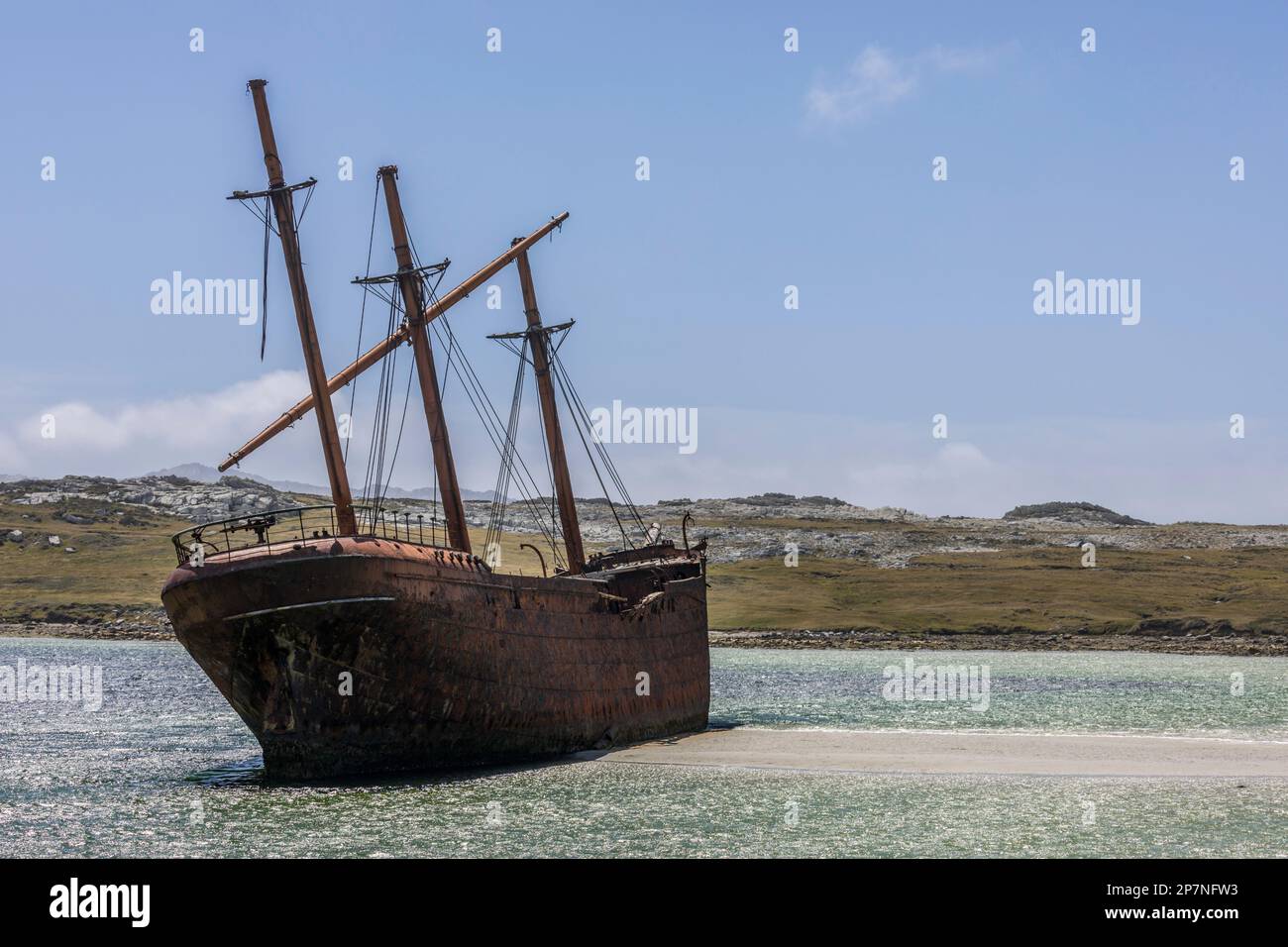 The wreck of the ship Lady Elizabeth at he east end of Stanley harbour in the Falkland Islands. Known locally as The Lady Liz. Built in 1879. Stock Photo