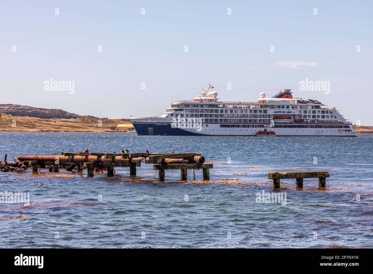 The HANSEATIC SPIRIT, a cruise ship belonging to Hapag Lloyd, anchored in Stanley harbour, Falkland Islands. Stock Photo