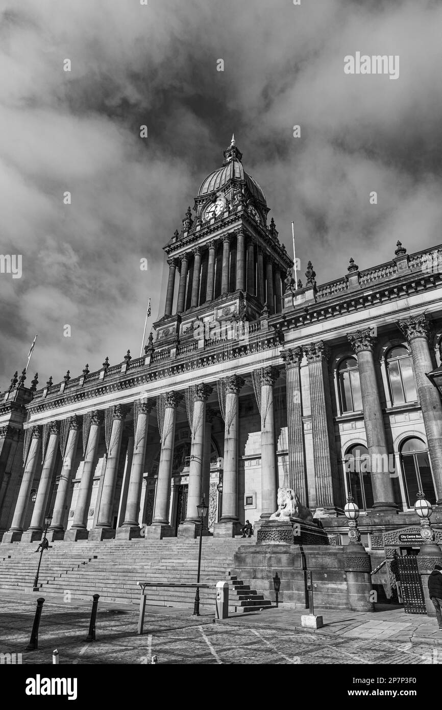 A black and white photo of Leeds Town Hall. Stock Photo