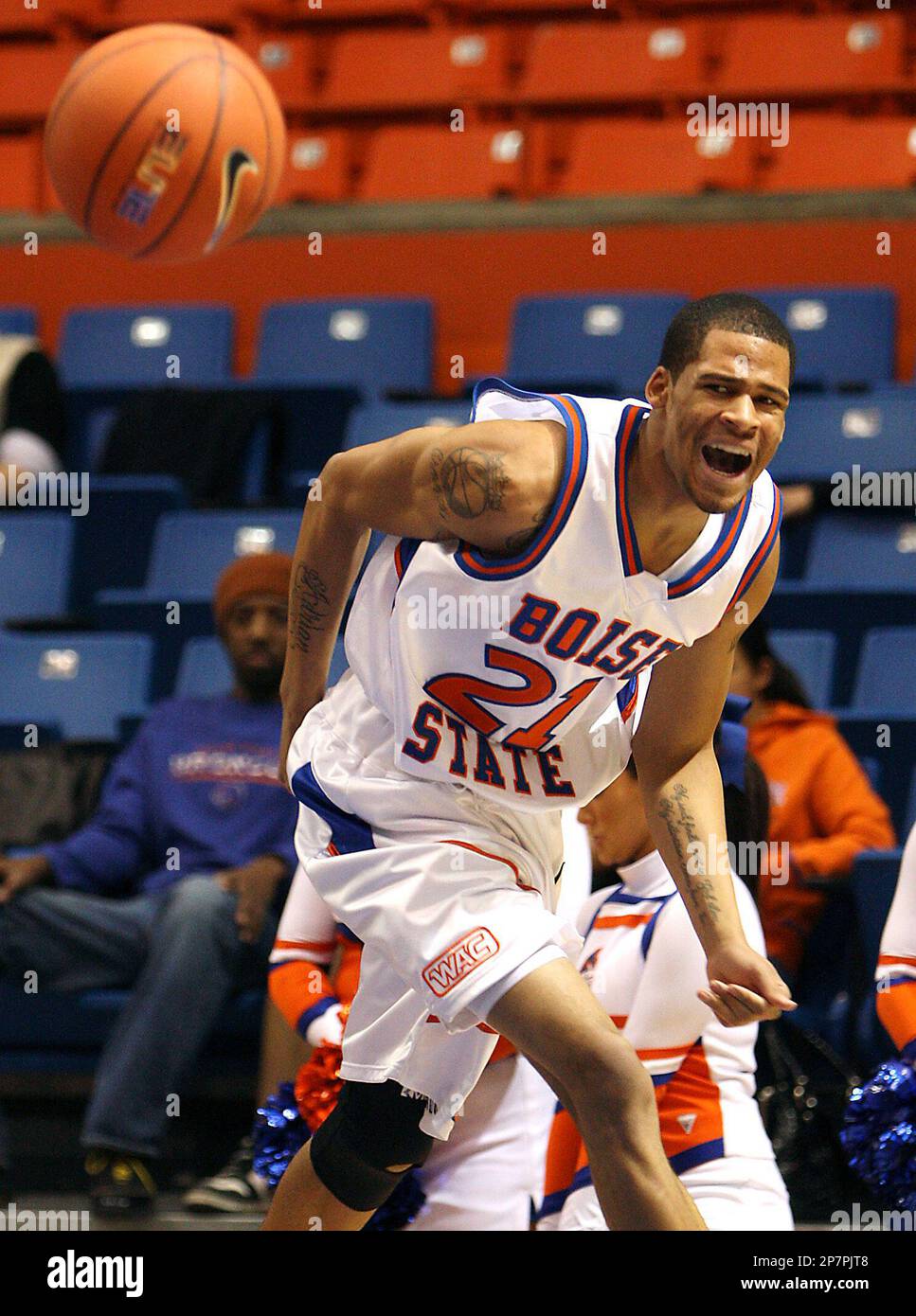 Boise State's Robert Arnold goes up for a dunk against Denver in the first  half of an NCAA college basketball game Saturday, Nov. 27, 2010, in Boise,  Idaho. (AP Photo/Matt Cilley Stock