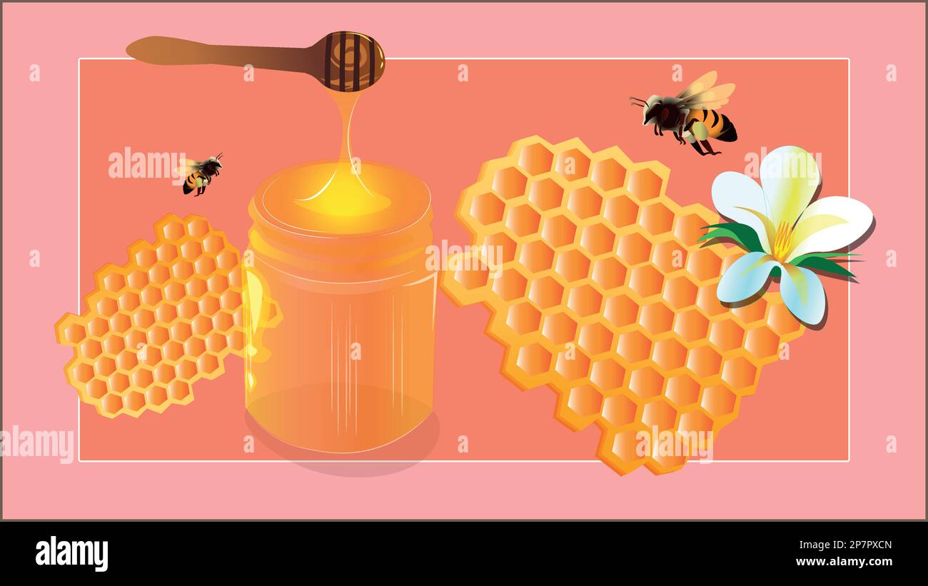 The is filled with sweet golden honey, a jar of thick golden