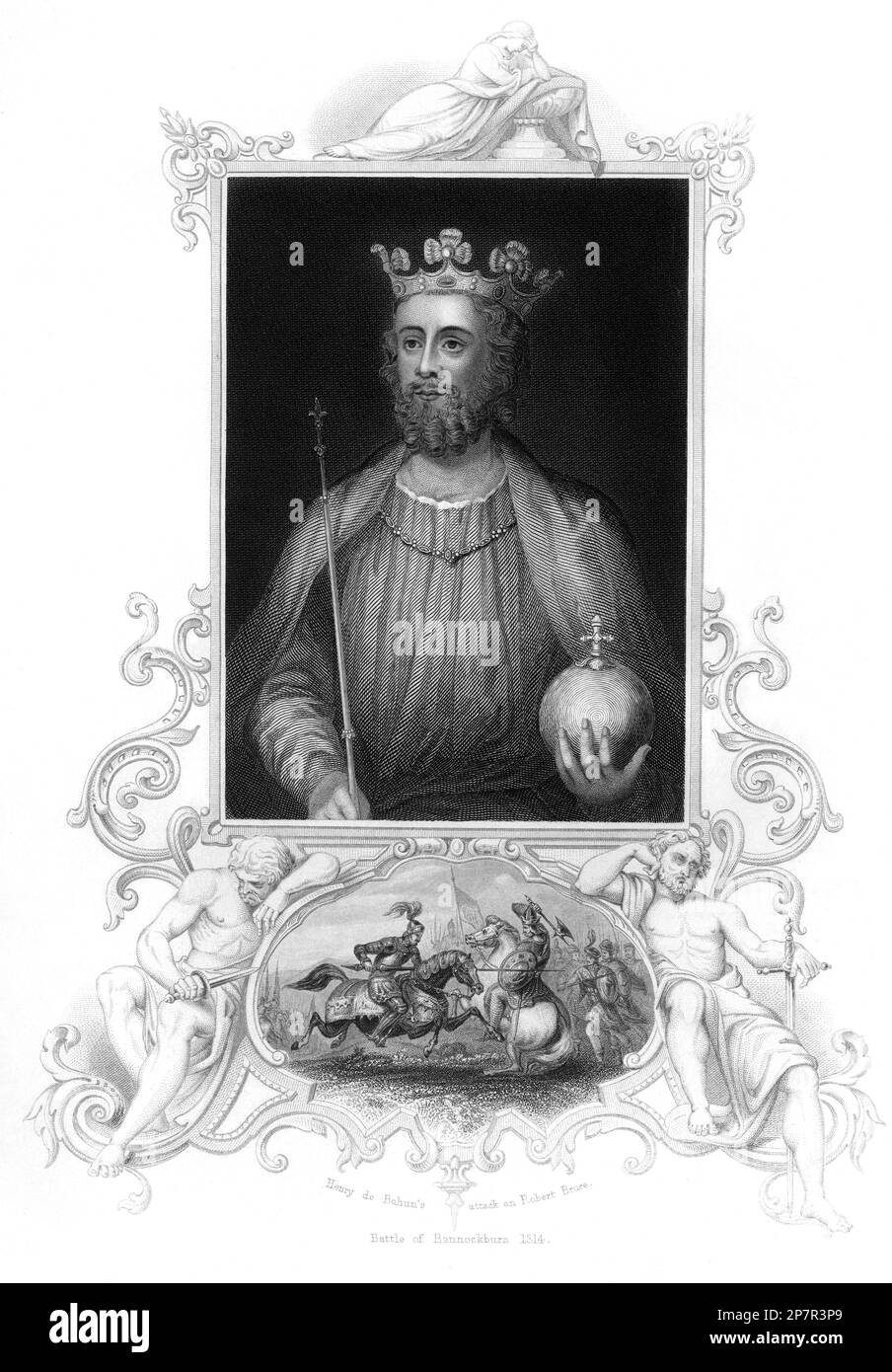 The King of England EDWARD II ( 1284 - 1327 ), portrait from XIX century engraving with the rapresentation of Henry de Bahun 's attack on Robert Bruce , battle of Bannochburn 1314 . was King of England from 1307 until deposed in January, 1327.  He is today perhaps best remembered for a story about his alleged murder, which was linked to his reliance on the corrupt family of Hugh le Despenser, which has been seen by evidence of his homosexuality . Lover of Piers Gaveston . The story  inxpire a play by Christopher Marlowe , first acted in 1592 c. -  RE - REALI - ROYALTY - nobili - nobiltà  - ING Stock Photo