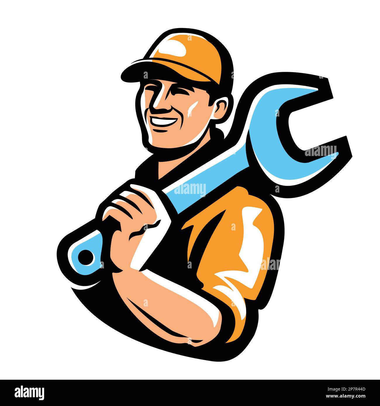 Worker with wrench tool. Engineer, technician, mechanic, builder logo