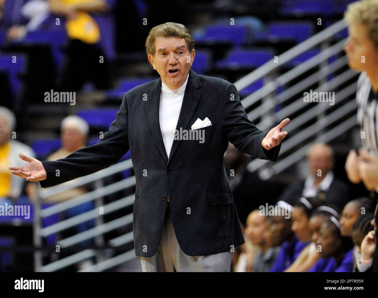 LSU head coach Van Chancellor questions a call by an official during