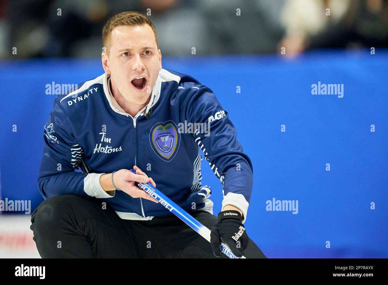 Nova Scotia skip Matthew Manuel reacts to a shot during his match