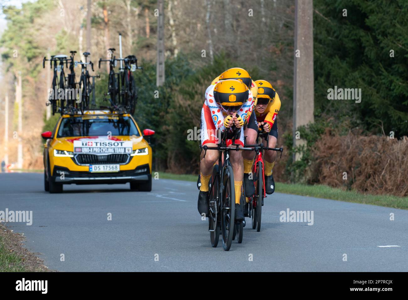 Gregaard Jonas Wilsly (polka dot jersey) seen leading his team Uno-X during the third stage of Paris-Nice 2023