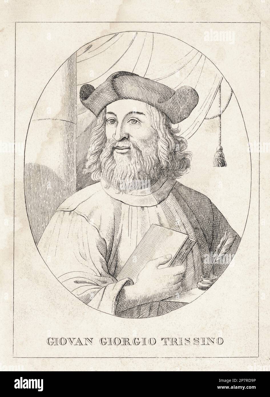 GIAN GIORGIO TRISSINO  ( 1478 - 1550 ) was an Italian Renaissance humanist,  poet , dramatist , diplomat and grammarian  - POETA - POESIA - POETRY - LETTERATURA - engraving - incisione - portrait - ritratto -  beard - barba - letterato - ITALY - Giovan  - GRAMMATICO - GRAMMATICA - RINASCIMENTO - book - libro - hat - cappello - beard - barba - UMANESIMO - UMANISTA - DRAMMATURGO - playwriter - TEATRO - THEATRE - THEATER ----  Archivio GBB Stock Photo