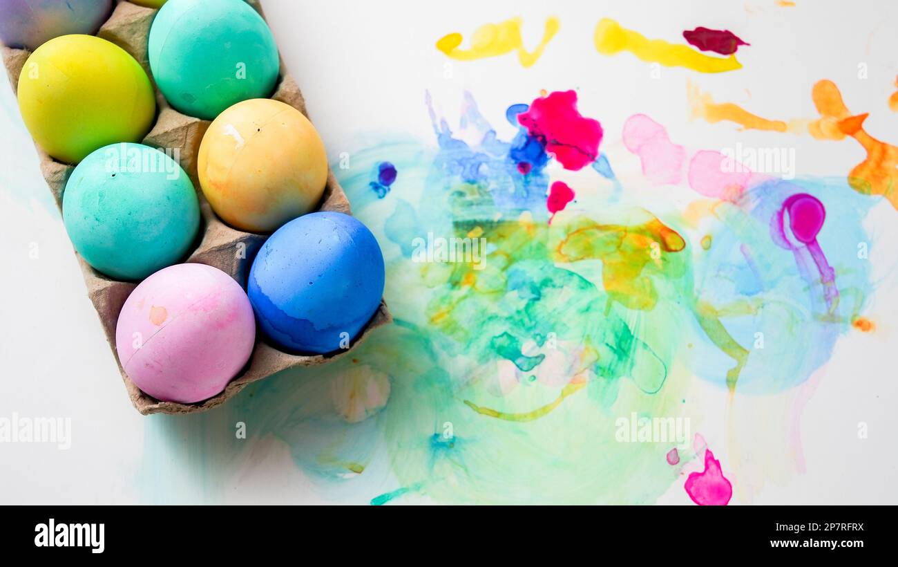 Colorful background wit Easter eggs and copy space on right side Stock Photo