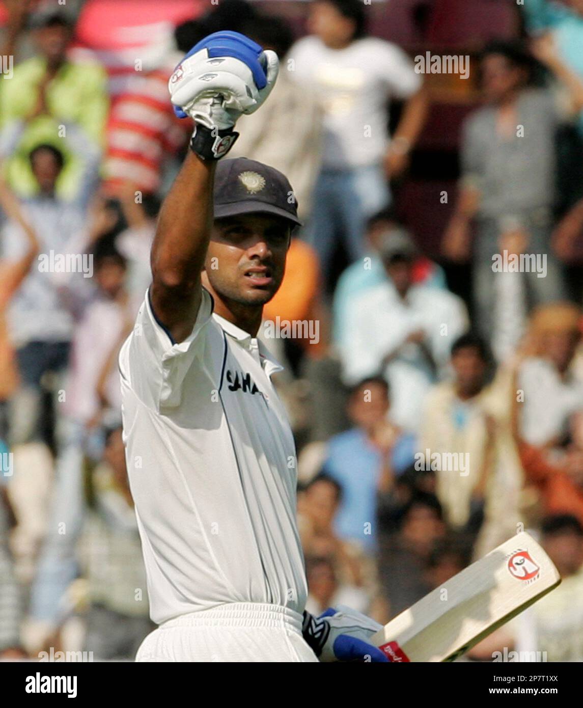 India's Rahul Dravid gestures after scoring a century during first day