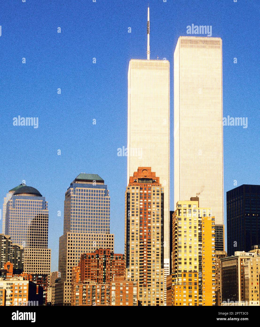 World Trade Center Twin Towers before 9/11 New York City USA before 2001. Financial Center skyline in downtown Lower Manhattan Stock Photo