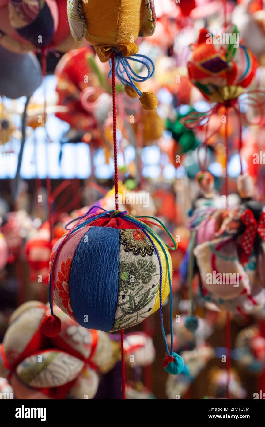 Traditional Japanese fabric mobiles on display at a Hina Masturi or