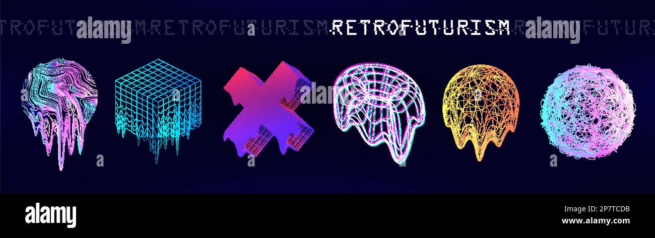 Old retrowave 3D trendy shapes. Retrofuturistic circle glitch and fluid effects Stock Vector
