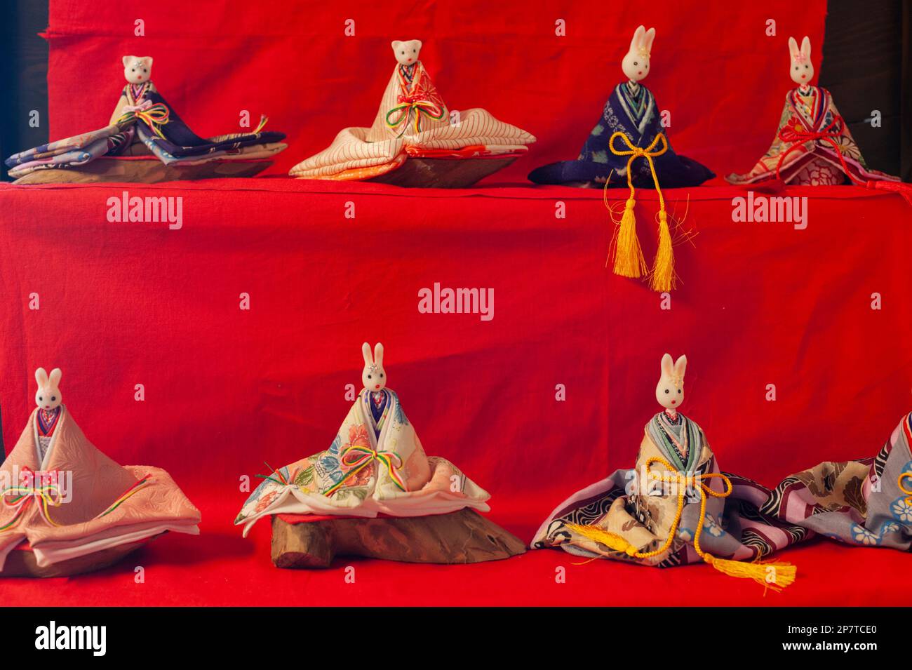 Rabbits dressed in kimono for a Hina doll display on Girl's Day, March