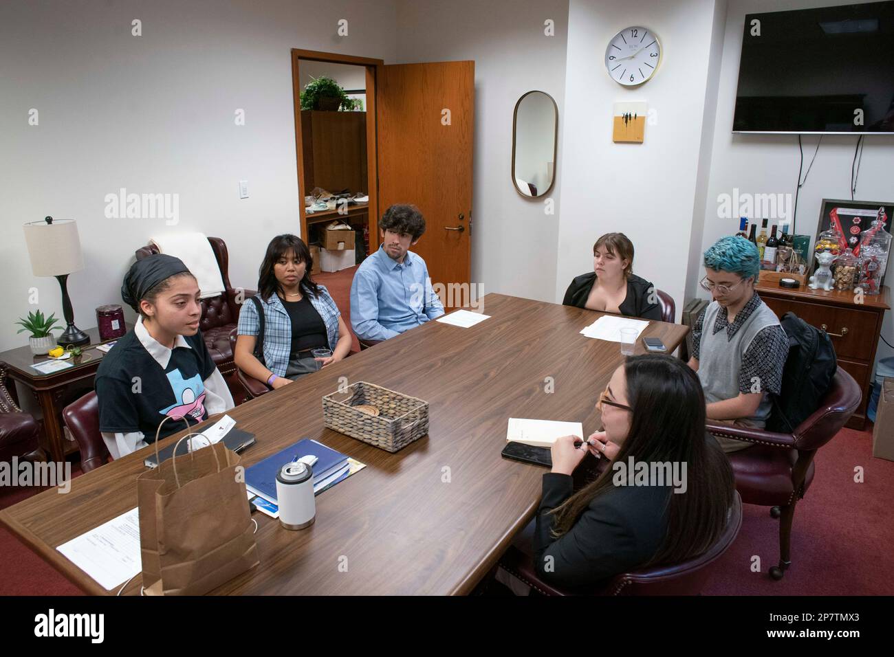A group of college-age Texans, advocating for transgender rights, meet with an aide to state Sen. Morgan LaMantia of Brownsville during a lobbying trip to the Texas Capitol. Credit: Bob Daemmrich/Alamy Live News Stock Photo