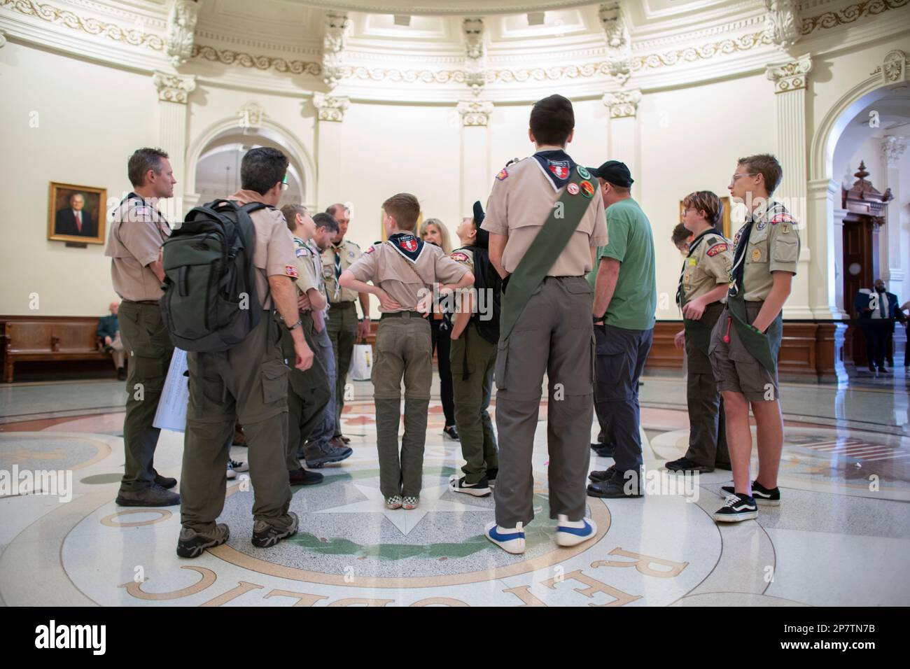 Austin Texas USA, March 8 2023: A group of Boy Scouts gathers in the rotunda of the Texas Capitol as they wait for a tour. Credit: Bob Daemmrich/Alamy Live News Stock Photo