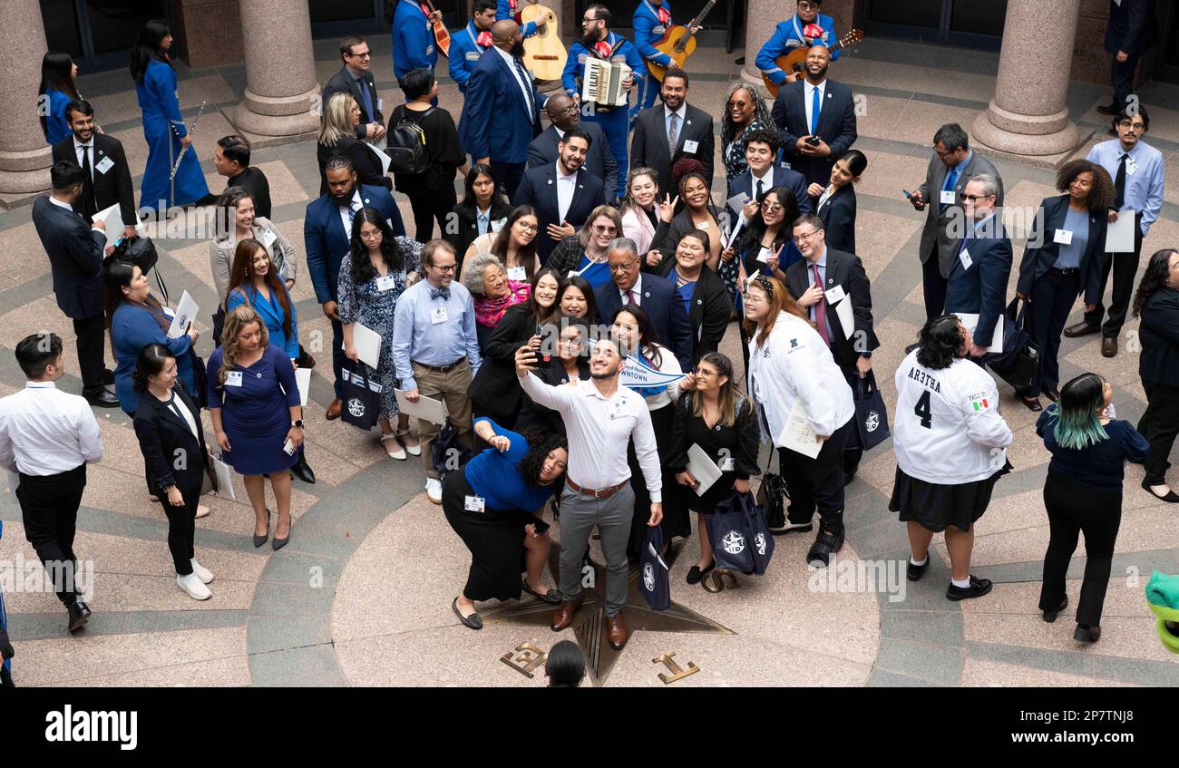A group of students from the University of Houston-Downtown pose for a photo as they visit the Texas Capitol to talk to legislators about higher education issues. Credit: Bob Daemmrich/Alamy Live News Stock Photo