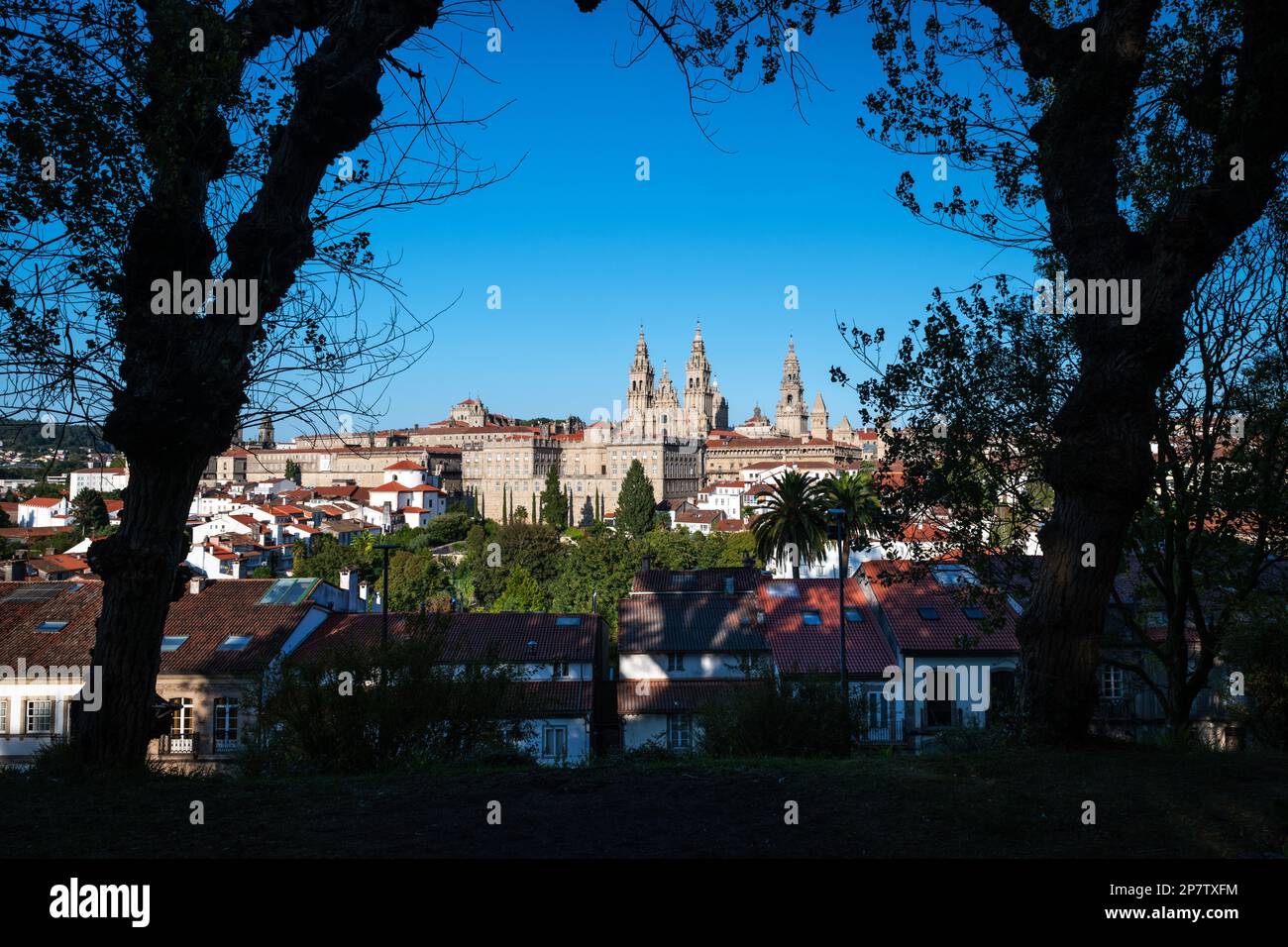 Panorama view of Santiago de Compostela as seen form the Parque de la Alameda park, with the towers of the cathedral to be recognized. Stock Photo