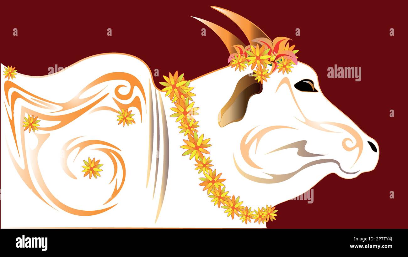 India's sacred white cow is decorated with golden patterns and bears a wreath of beautiful flowers. indian celebrations Stock Vector