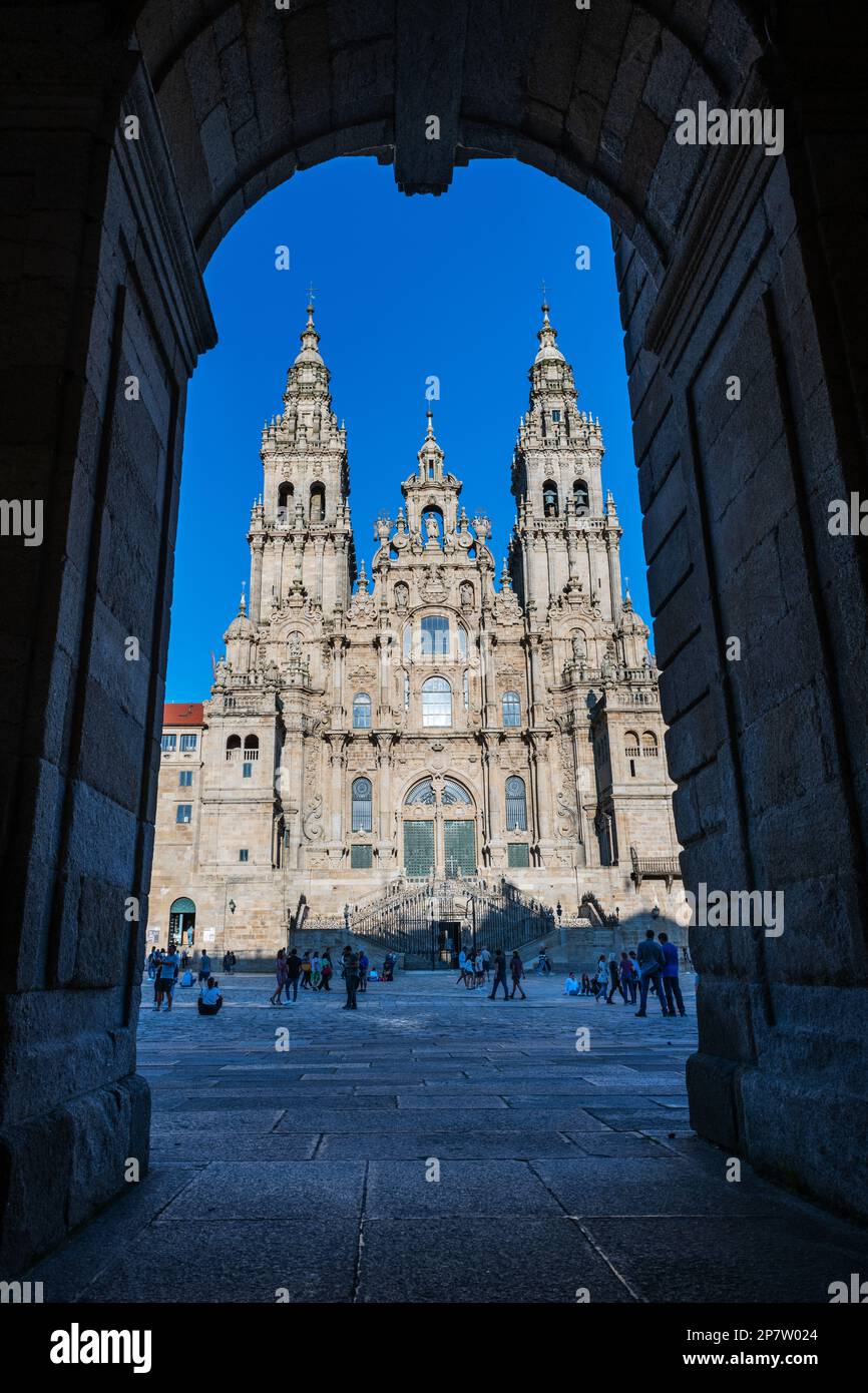 SANTIAGO DE COMPOSTELA, SPAIN - SEPTEMBER 16, 2022: Main facade of Santiago de Compostela Cathedral (ca. 1211) on the Plaza del Obradoiro square, a hi Stock Photo