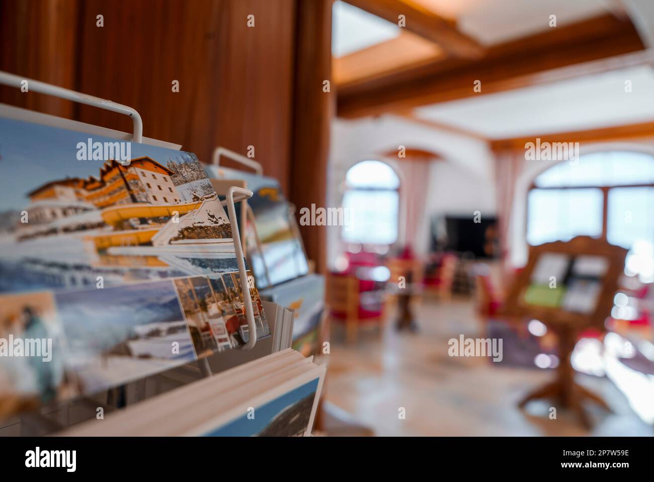 Architecture photographs on stand in lobby of luxury hotel Stock Photo ...