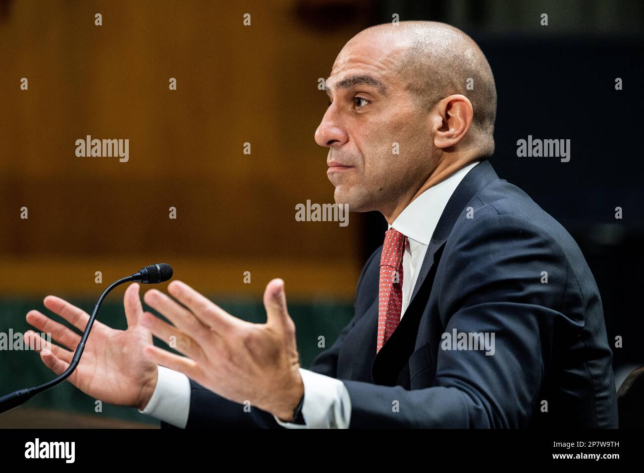 Washington, United States. 08th Mar, 2023. Rostin Behnam, Chairman,  Commodity Futures Trading Commission (CFTC), speaking at a hearing of the  Senate Health, Education, Labor, and Pensions Committee at the U.S.  Capitol. Credit: