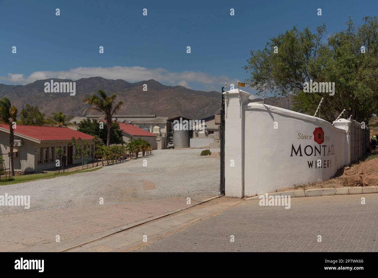 Montagu, Western Cape, South Africa. 2023. Entrance to the Montagu winery iin this wine production area. Stock Photo
