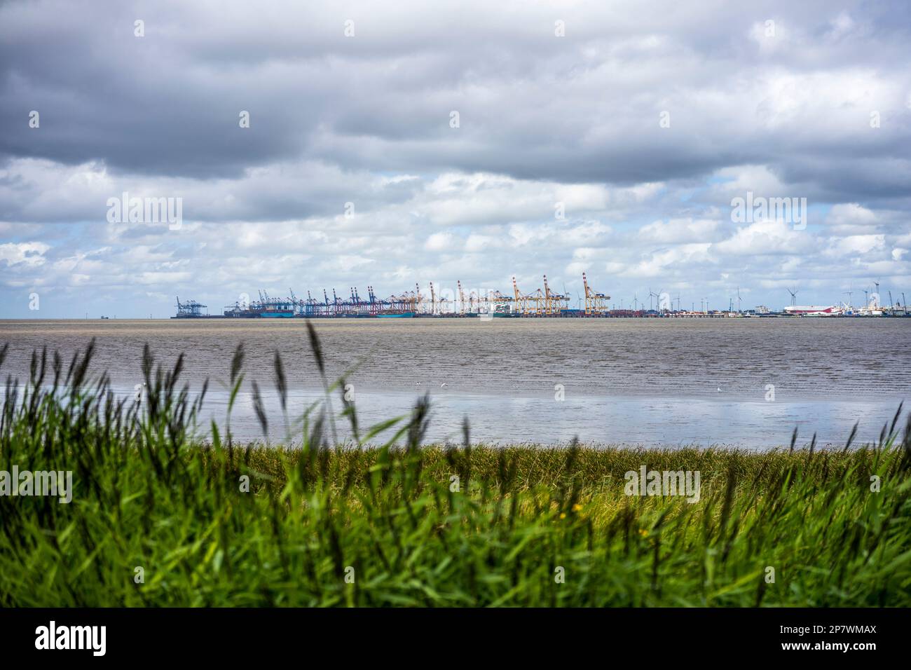 Bremerhaven container port as seen from Nordenham Blexen, Germany 2022. Stock Photo
