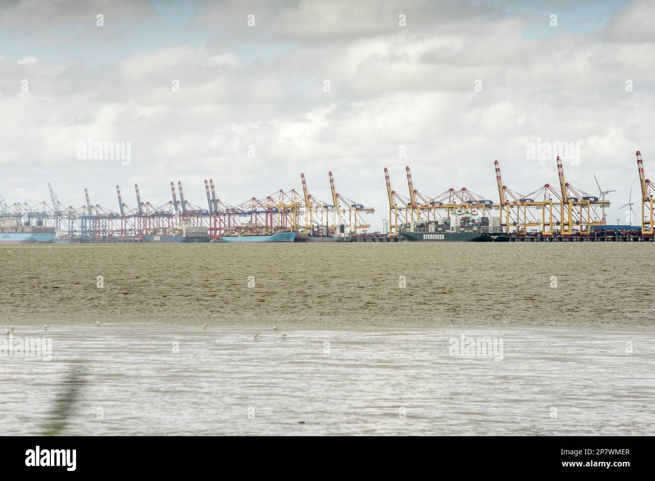 Bremerhaven container port as seen from Nordenham Blexen, Germany 2022. Stock Photo