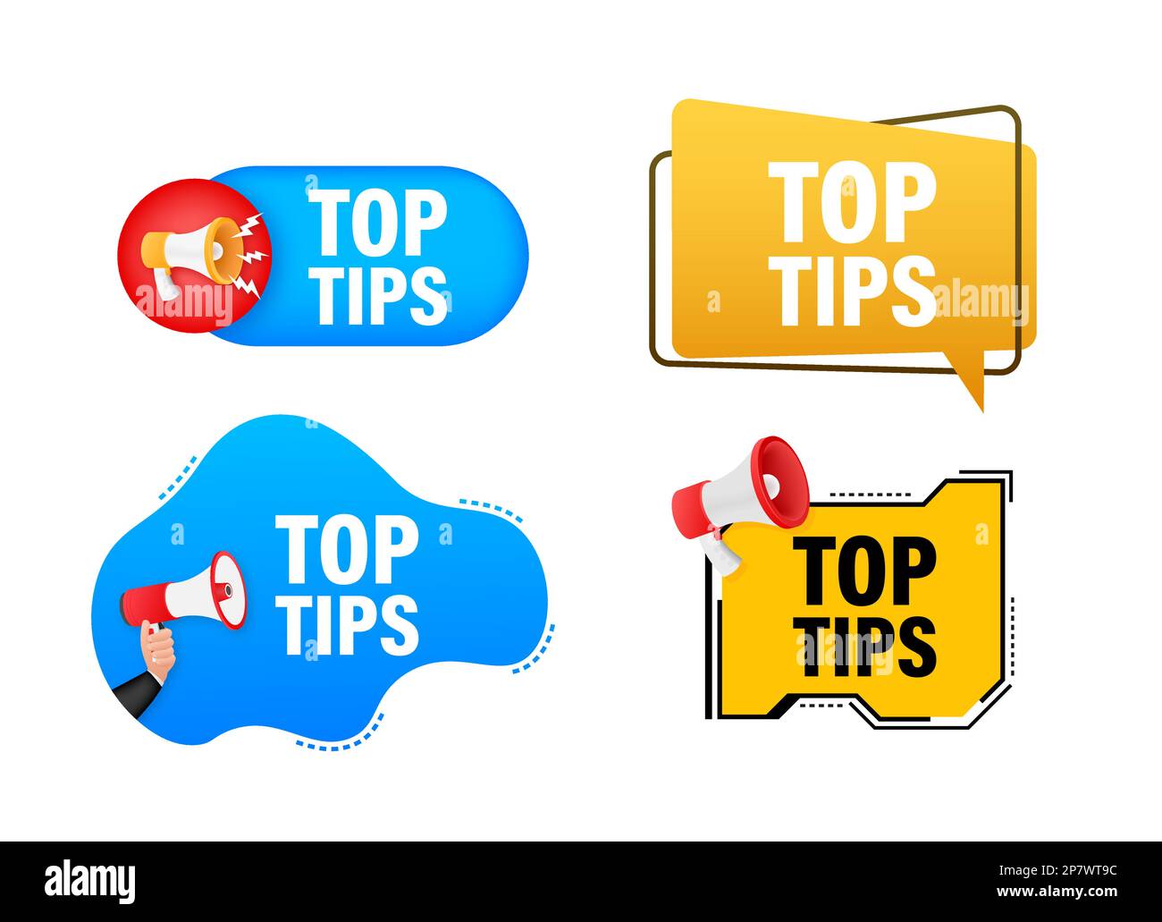 Megaphone label set with text Top tips. Megaphone in hand promotion banner. Marketing and advertising Stock Vector