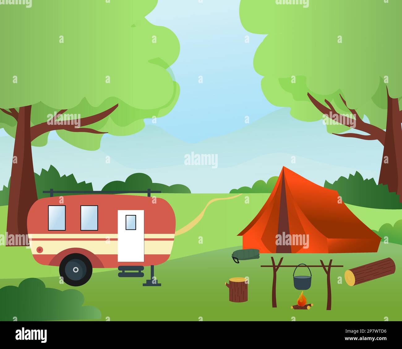Country rest in camping. Trailer, tent, campfire and bowler hat Stock ...