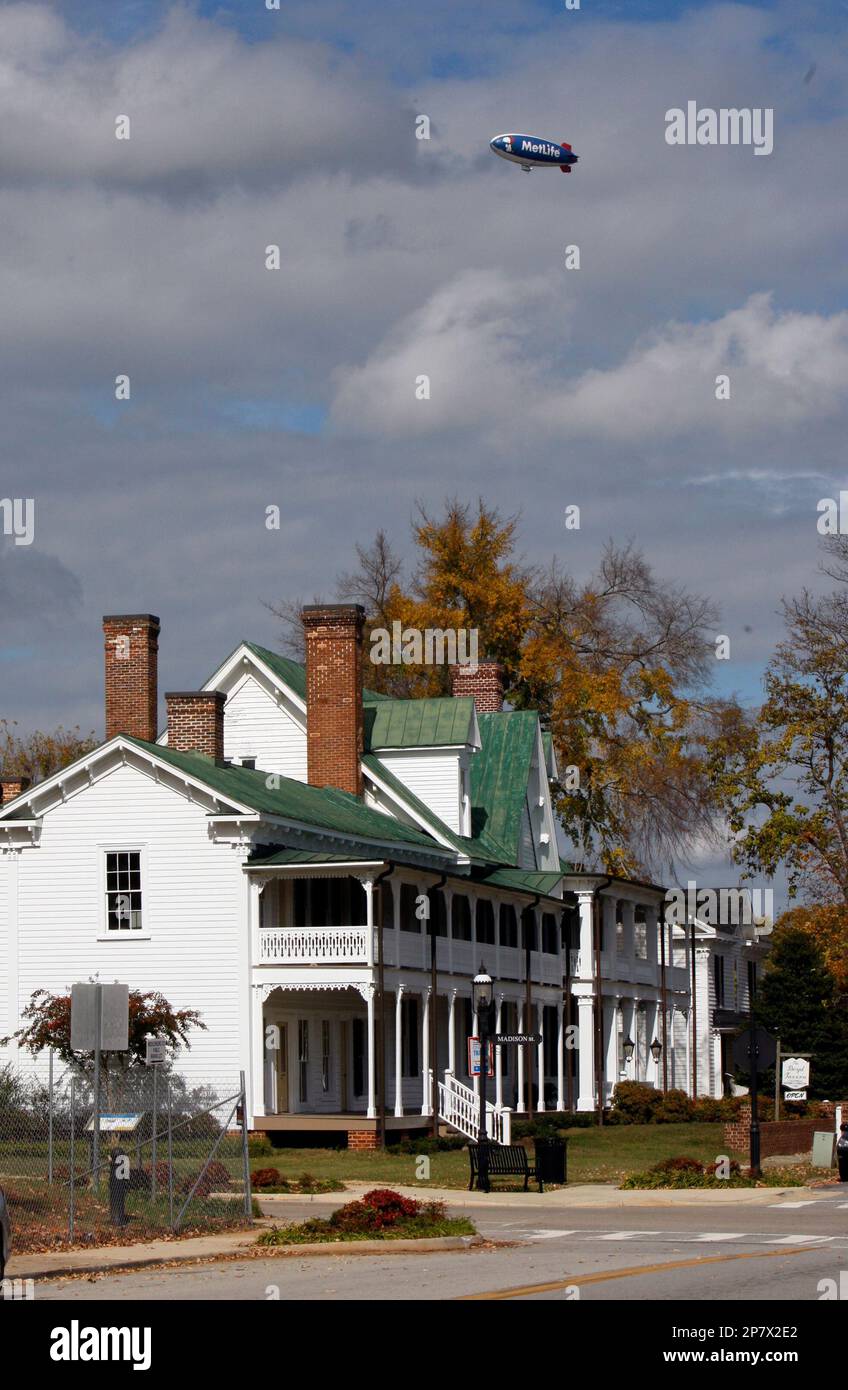 In this Oct. 23, 2009 photo, the MetLife dirigible flies over historic