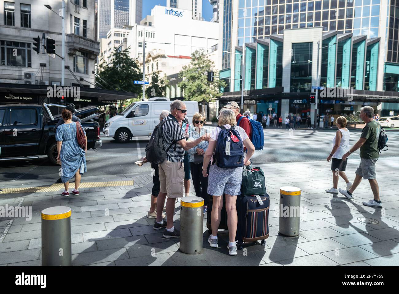 Auckland city centre, Auckland New Zealand . Late summer. Te Komititanga, the new public square at the harbour end of Queen Street . Stock Photo