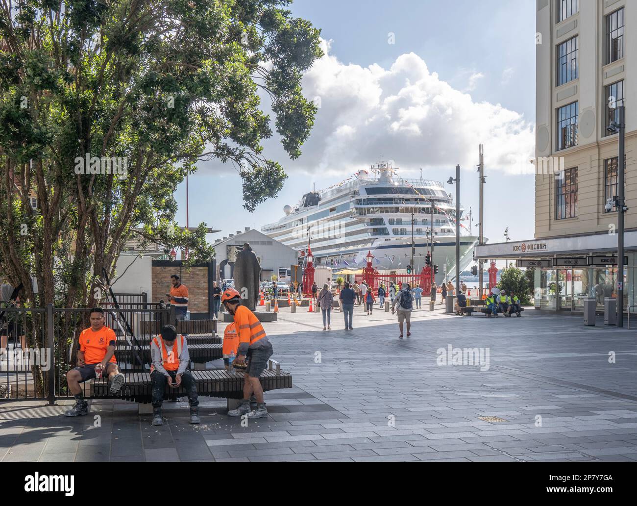 Auckland city centre, Auckland New Zealand . Late summer. Te Komititanga, the new public square at the harbour end of Queen Street .pictured is cruise Stock Photo