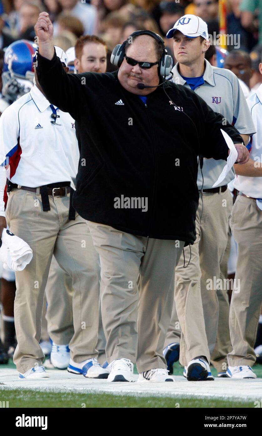 Kansas head coach Mark Mangino directs his team against Colorado in the