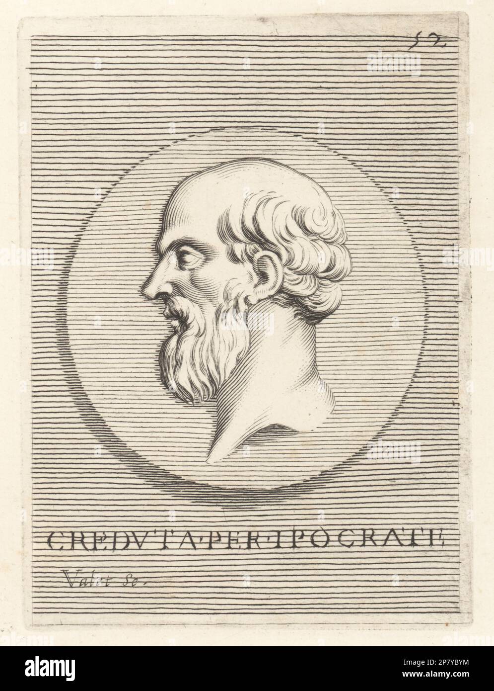 Head believed to be Hippocrates from Kos, famous ancient Greek physician c.470-370 BC. Head of a bearded man with bald head from a round carnelian gem. Creduta per Ippocrate. Copperplate engraving by Guillaume Vallet after Giovanni Angelo Canini from Iconografia, cioe disegni d'imagini de famosissimi monarchi, regi, filososi, poeti ed oratori dell' Antichita, Drawings of images of famous monarchs, kings, philosophers, poets and orators of Antiquity, Ignatio de’Lazari, Rome, 1699. Stock Photo